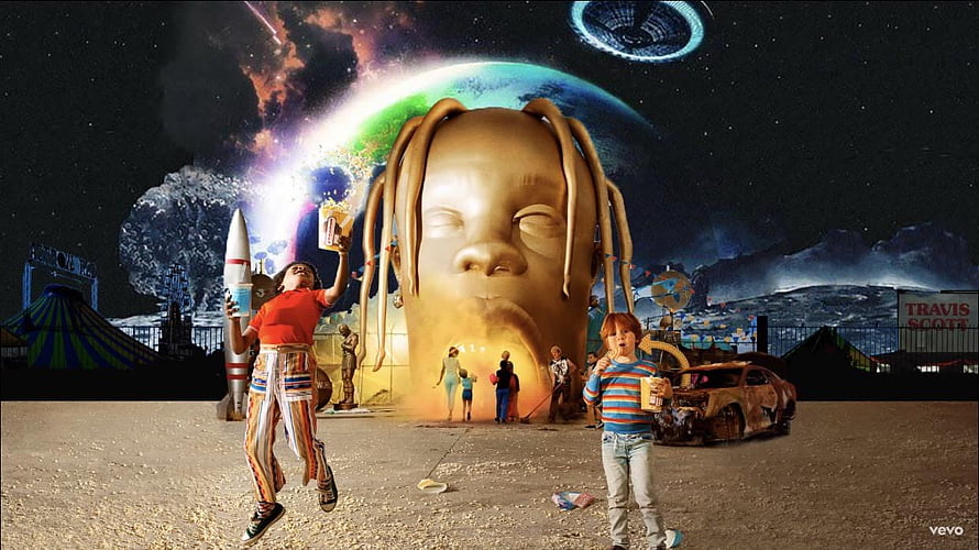 Travis Scott Astroworld Festival Collage with Giant Statue and Cosmic Sky HD wallpaper