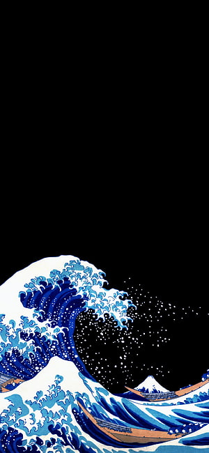 The Great Wave off Kanagawa Japanese Ukiyo-e Woodblock Print on Black Background HD phone wallpaper