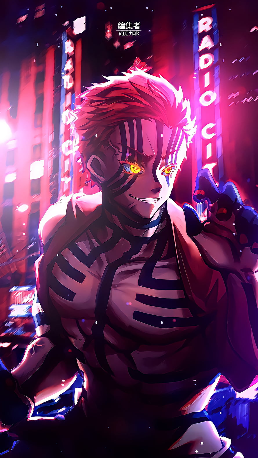 Akaza from Demon Slayer in a Neon Cyberpunk Cityscape with Glowing Eyes and Dark Stripes HD phone wallpaper
