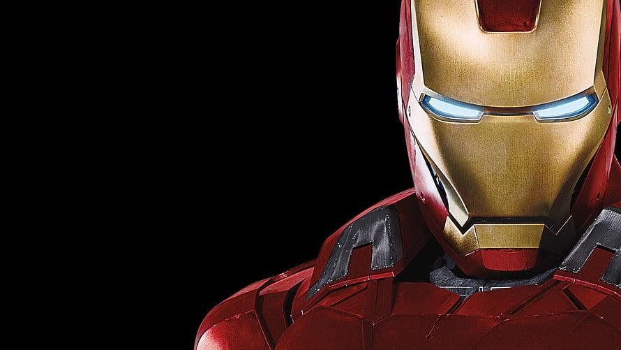 Iron Man Close-Up Portrait with Glowing Blue Eyes on Black Background HD wallpaper