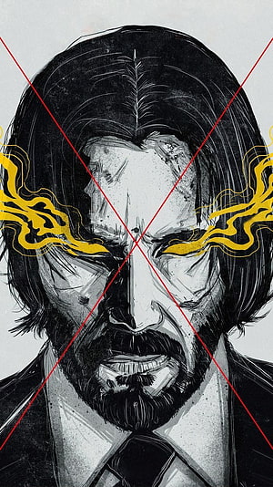 John Wick Stylized Portrait with Golden Smoke and Red Cross Overlay HD phone wallpaper