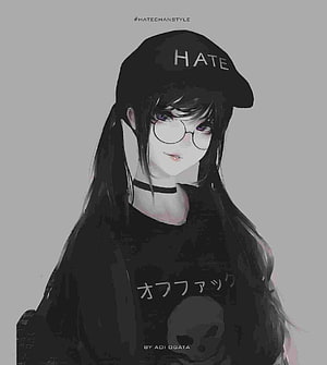Emo Anime Girl with Round Glasses and Black Cap in Monochrome Digital Art HD phone wallpaper