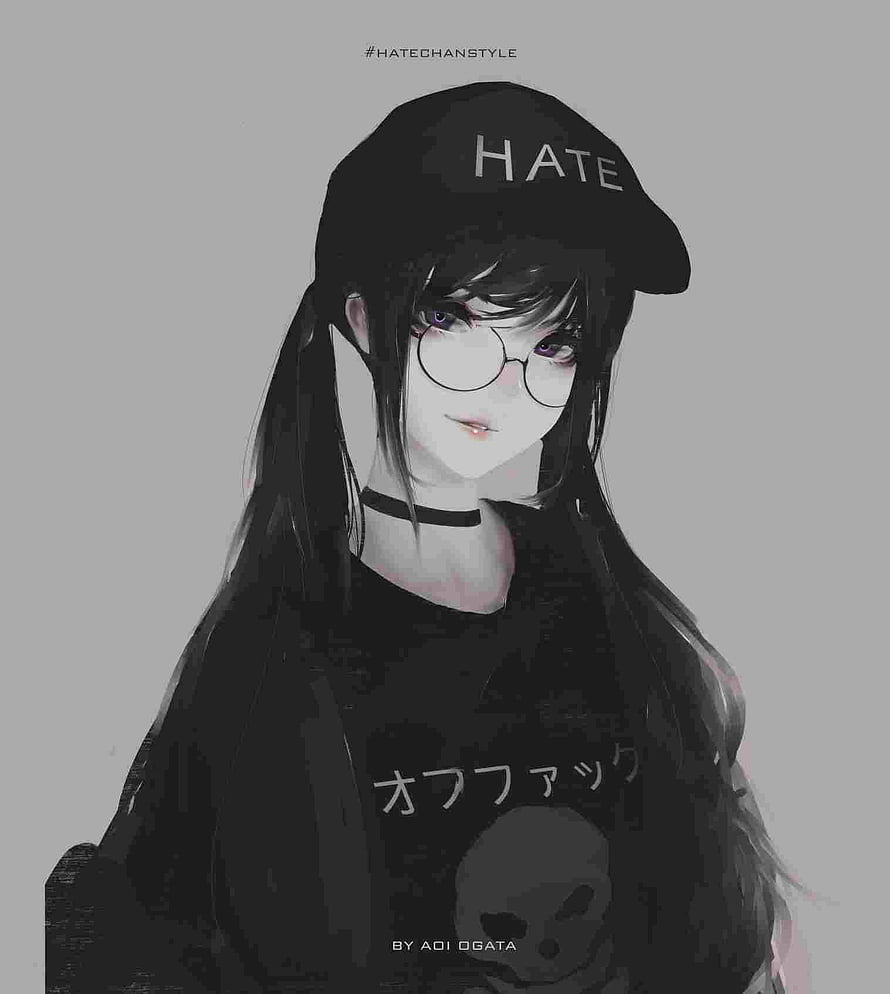 Emo Anime Girl with Round Glasses and Black Cap in Monochrome Digital Art HD phone wallpaper