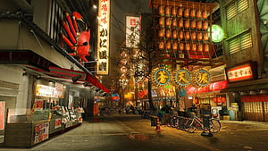 Yakuza 0 Kamuchin Night Market Street Scene with Neon Signs and Lanterns HD wallpaper