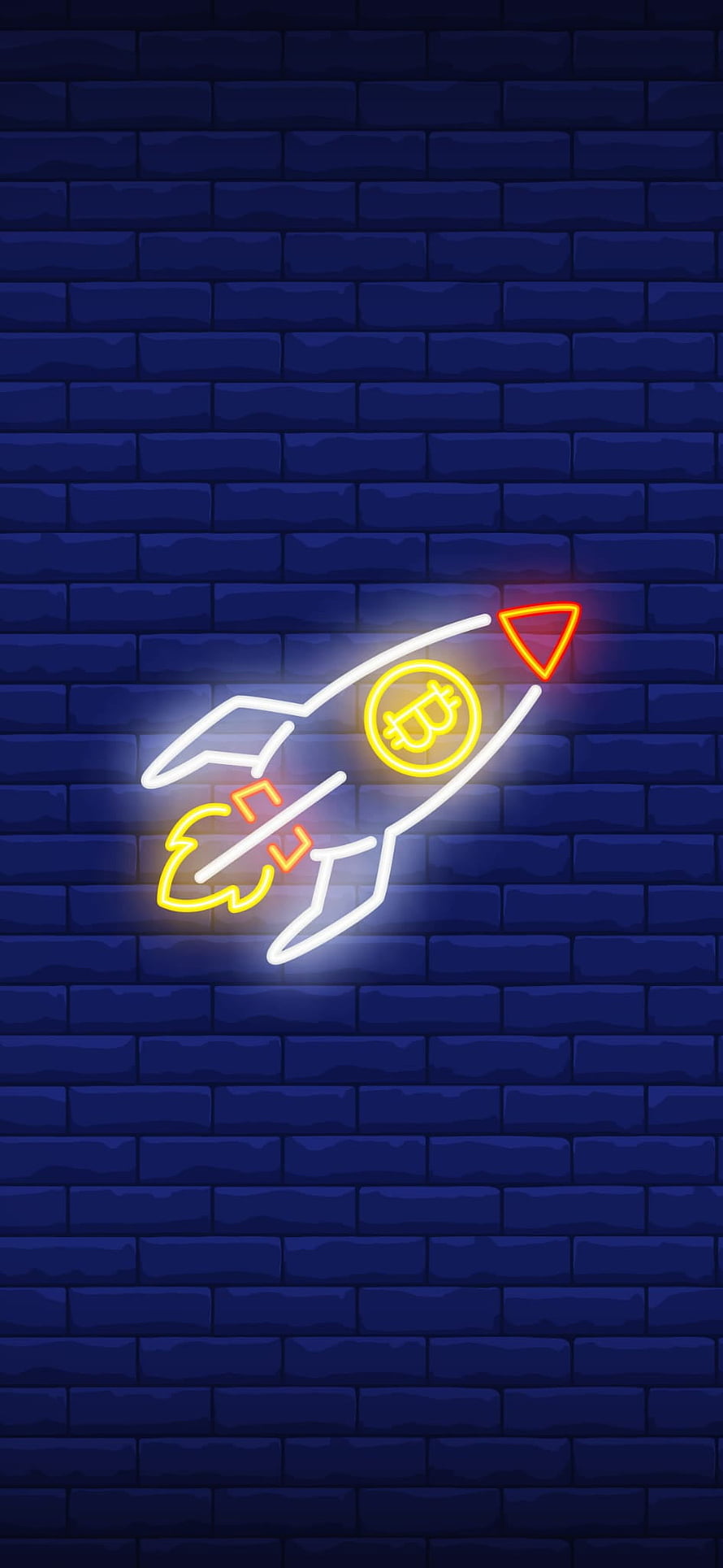 Bitcoin Rocket Neon Sign on Dark Blue Brick Wall HD phone wallpaper