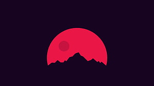 Minimalist Red Sun Setting Behind Jagged Mountain Silhouette on Dark Background HD wallpaper