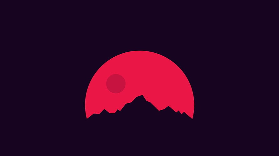 Minimalist Red Sun Setting Behind Jagged Mountain Silhouette on Dark Background HD wallpaper