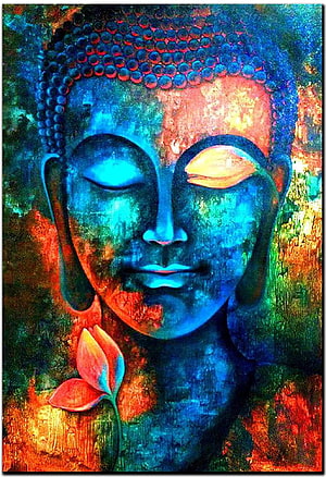 Vibrant Abstract Buddha Face Painting with Lotus Flower and Psychedelic Color Palette HD phone wallpaper