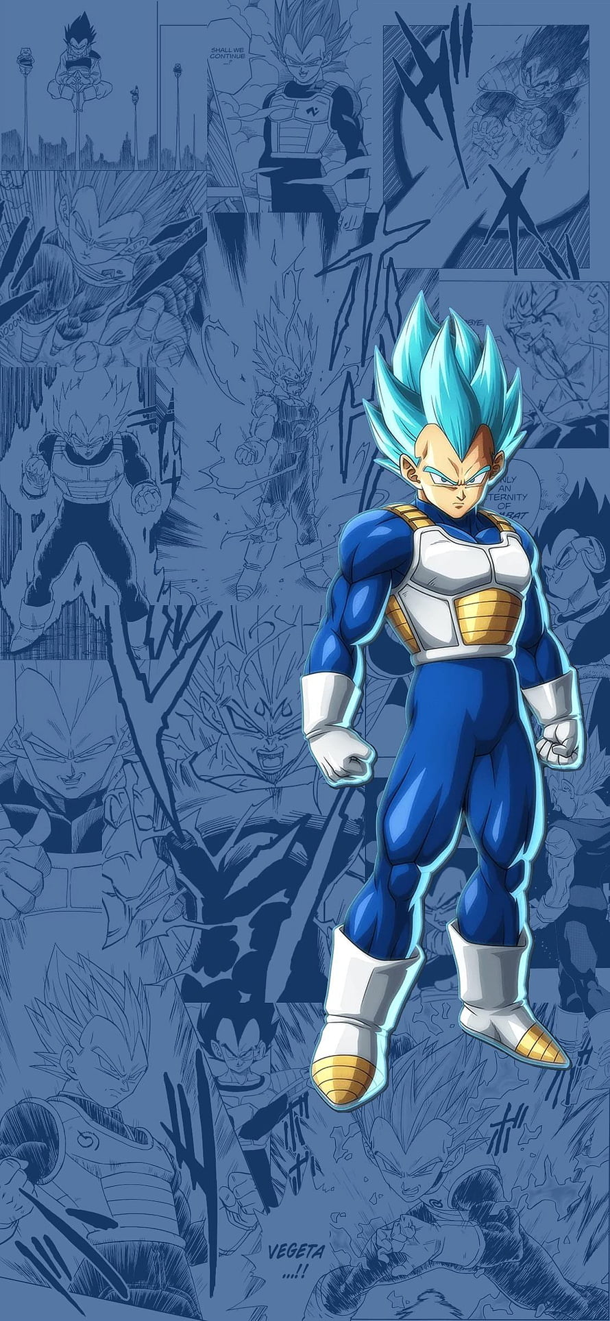 Vegeta Super Saiyan Blue in Dragon Ball Z Battle Armor with Manga Panel Background HD phone wallpaper