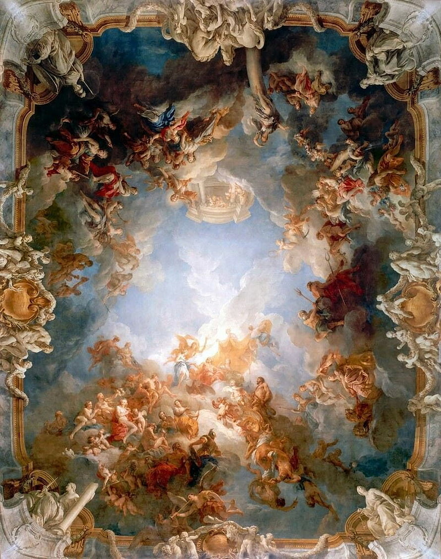 Baroque Ceiling Fresco with Clouds, Angels, and Ornate Architectural Framing HD phone wallpaper