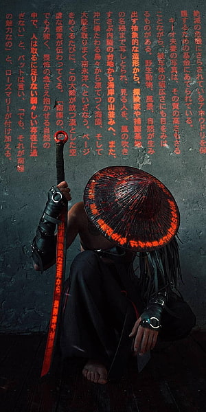 Dark Samurai Warrior Crouching with Glowing Red Katana and Traditional Conical Hat HD phone wallpaper
