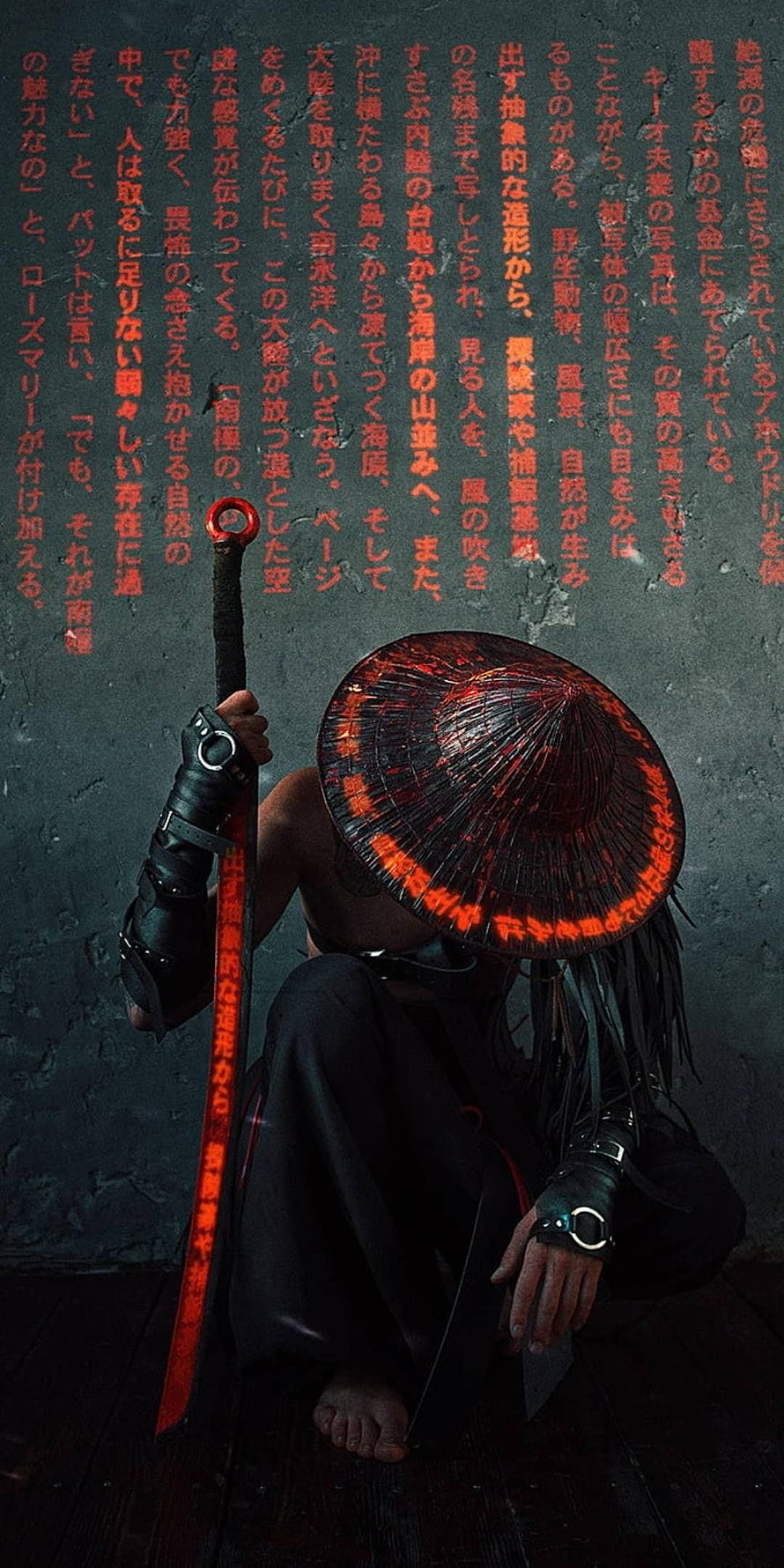 Dark Samurai Warrior Crouching with Glowing Red Katana and Traditional Conical Hat HD phone wallpaper