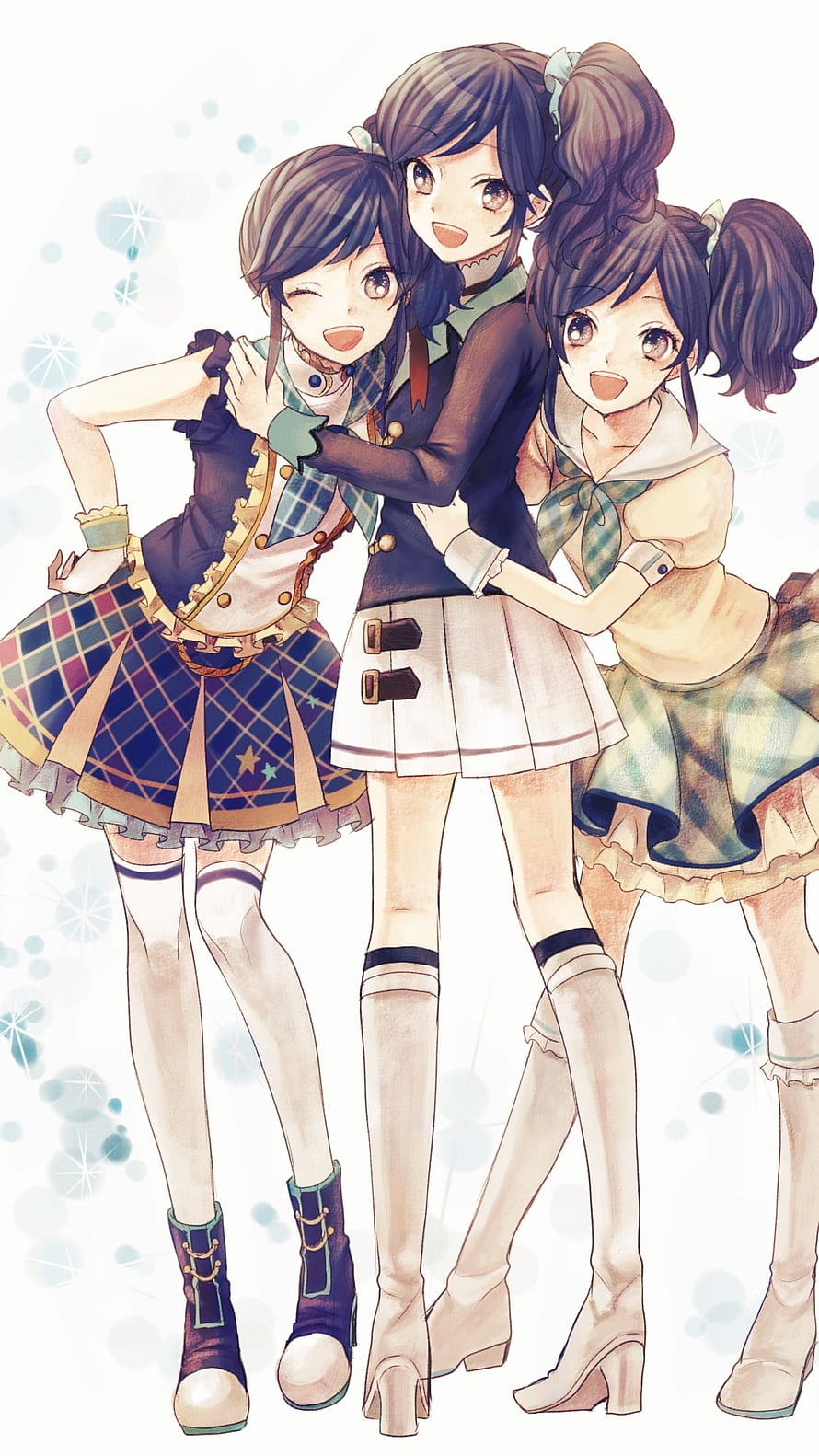 Three Anime Girls in Coordinated Plaid Outfits Posing Together HD phone wallpaper