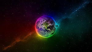 Earth and Moon with Vibrant Rainbow Aura Against a Colorful Cosmic Nebula HD wallpaper