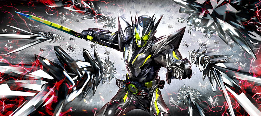 Kamen Rider Zero One in Black and Silver Armor with Glowing Green Eyes and Energy Blades HD wallpaper