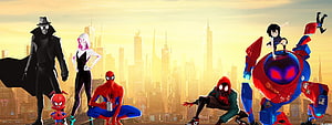 Spider-Man: Into the Spider-Verse Animated Ensemble Cast Against Golden City Skyline HD wallpaper