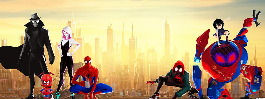 Spider-Man: Into the Spider-Verse Animated Ensemble Cast Against Golden City Skyline HD wallpaper