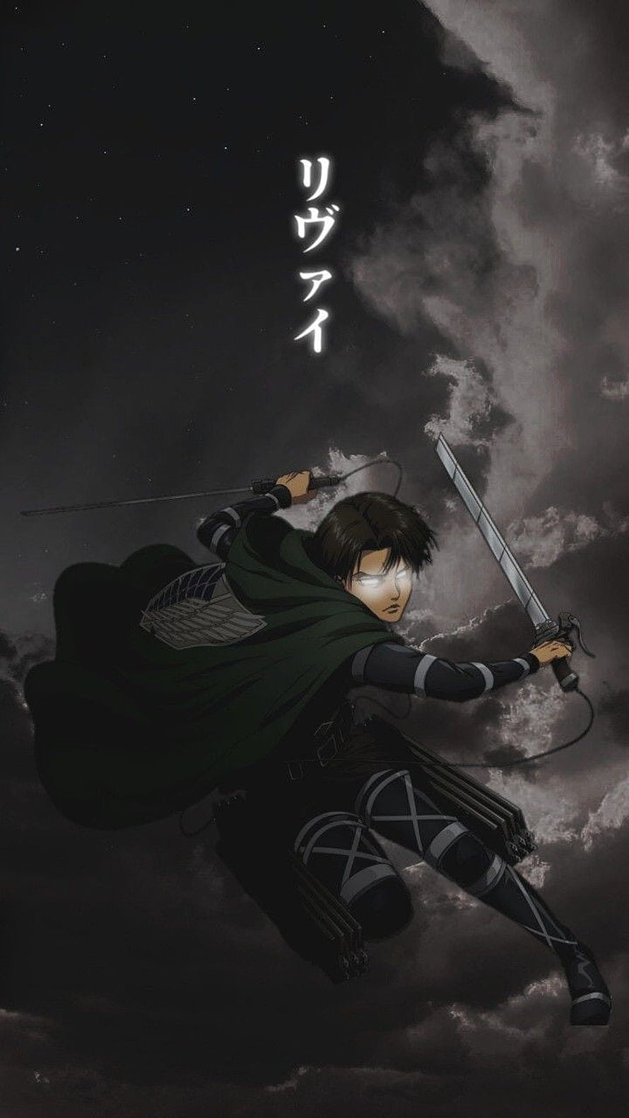 Levi Ackerman in ODM Gear with Glowing Eyes Against a Dark Cloudy Sky HD phone wallpaper