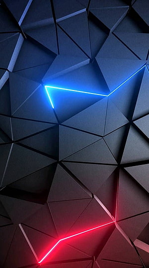 Dark Geometric Faceted Surface with Blue and Red Neon Light Accents HD phone wallpaper