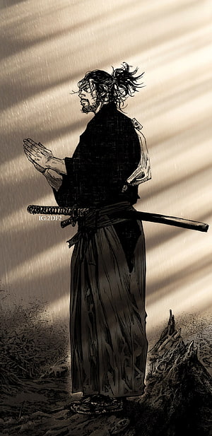 Miyamoto Musashi from Vagabond in a dramatic ink wash illustration HD phone wallpaper