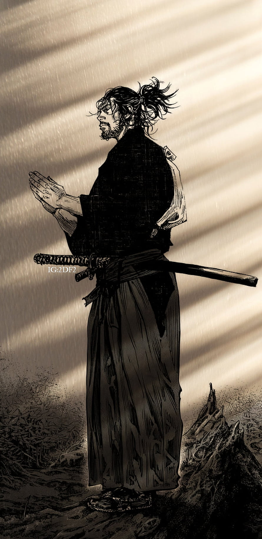 Miyamoto Musashi from Vagabond in a dramatic ink wash illustration HD phone wallpaper