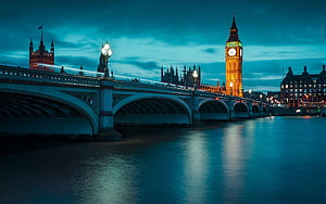 Big Ben and Westminster Bridge at Night Over the Thames River in London HD wallpaper