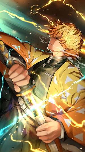 Agatsuma Zenitsu Wielding Thunder Blade in Demon Slayer Anime Art HD phone wallpaper