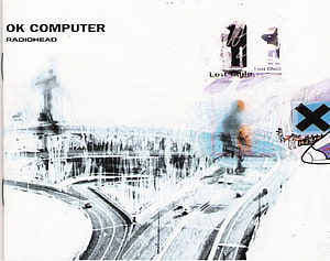 Radiohead OK Computer Album Artwork with Glitched Highway and Lost Child Text HD wallpaper