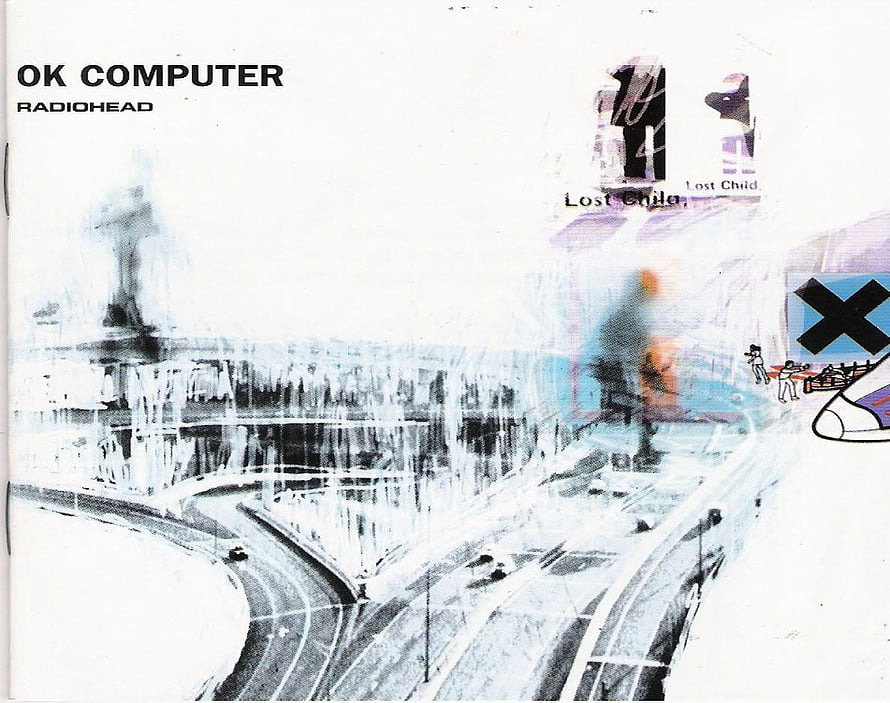 Radiohead OK Computer Album Artwork with Glitched Highway and Lost Child Text HD wallpaper