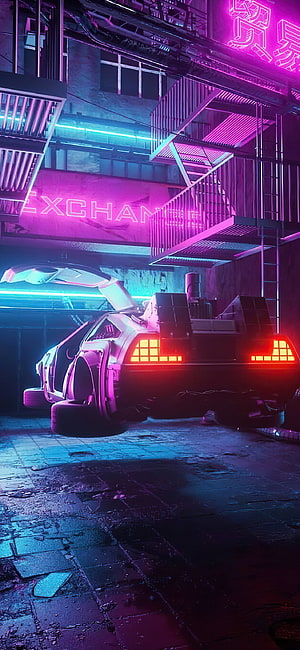 Back To The Future DeLorean Time Machine in Neon Cyberpunk Alley HD phone wallpaper