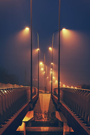 Foggy Night Bridge With Glowing Streetlights And Urban Graffiti HD phone wallpaper