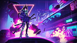 Arknights Neon Ultra Anime Character in Cyberpunk City with Neon Lights HD wallpaper