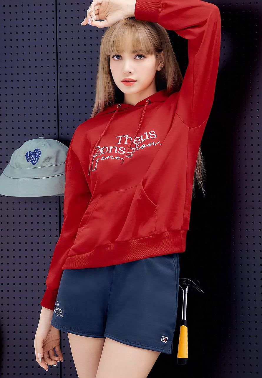 Lisa Blackpink in Red Theus Collection Hoodie and Navy Shorts HD phone wallpaper