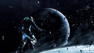 Astronaut Floating in Space Amidst Debris Field with Dark Planet in Background HD wallpaper