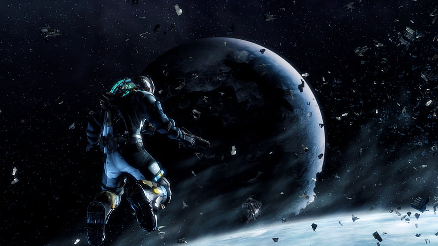 Astronaut Floating in Space Amidst Debris Field with Dark Planet in Background HD wallpaper
