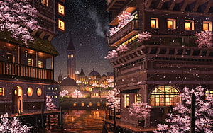 Charming Anime Waterfront City at Night with Cherry Blossoms and Starry Sky HD wallpaper