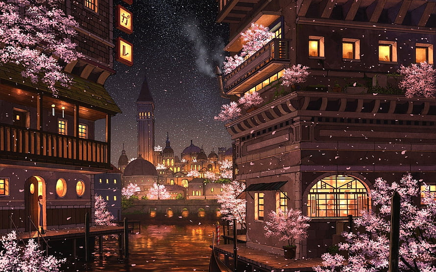 Charming Anime Waterfront City at Night with Cherry Blossoms and Starry Sky HD wallpaper