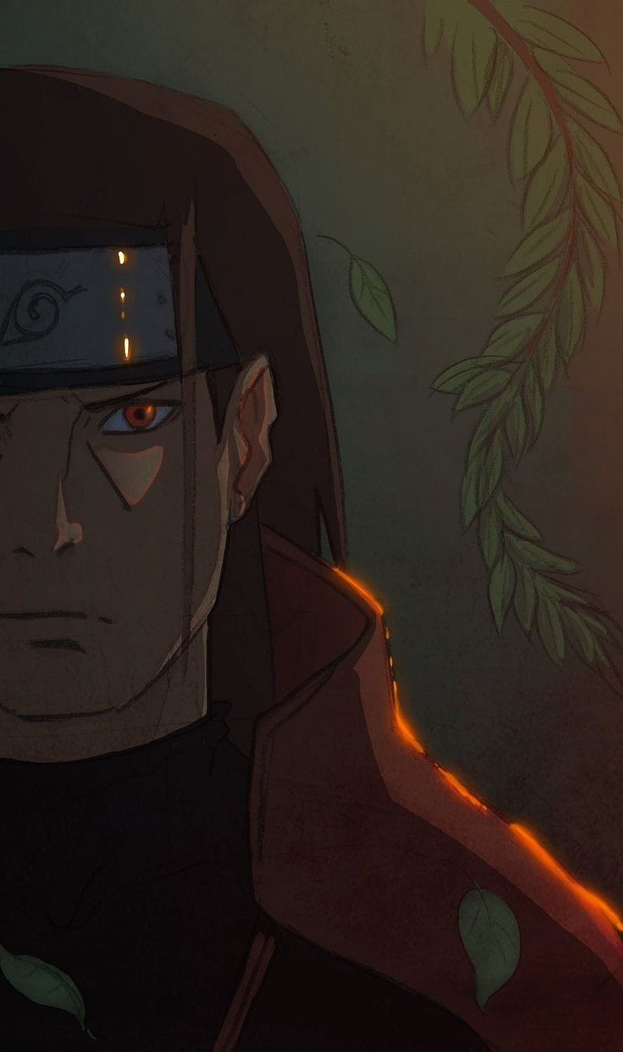 Senju Hashirama First Hokage Portrait with Glowing Orange Rim Light and Leaf Motifs HD phone wallpaper