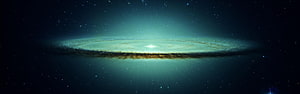 Edge-on spiral galaxy with glowing teal core and dark dust lane set against a star-filled deep space background HD wallpaper