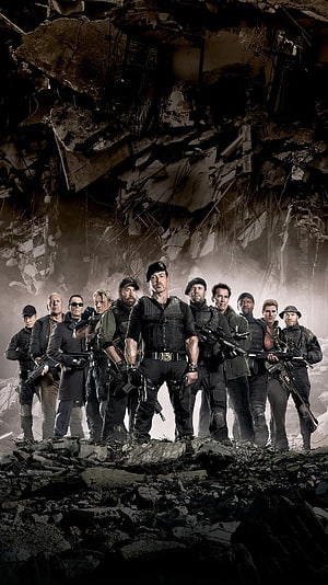 The Expendables 2 Movie Poster Featuring Action Heroes Armed With Guns Amidst Ruined Cityscape HD phone wallpaper