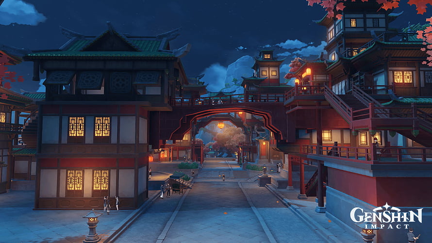 Liyue Harbor Night Scene in Genshin Impact with Traditional Chinese Architecture and Lanterns HD wallpaper