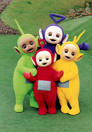 Teletubbies Group Photo on Green Grass with Colorful Characters HD phone wallpaper