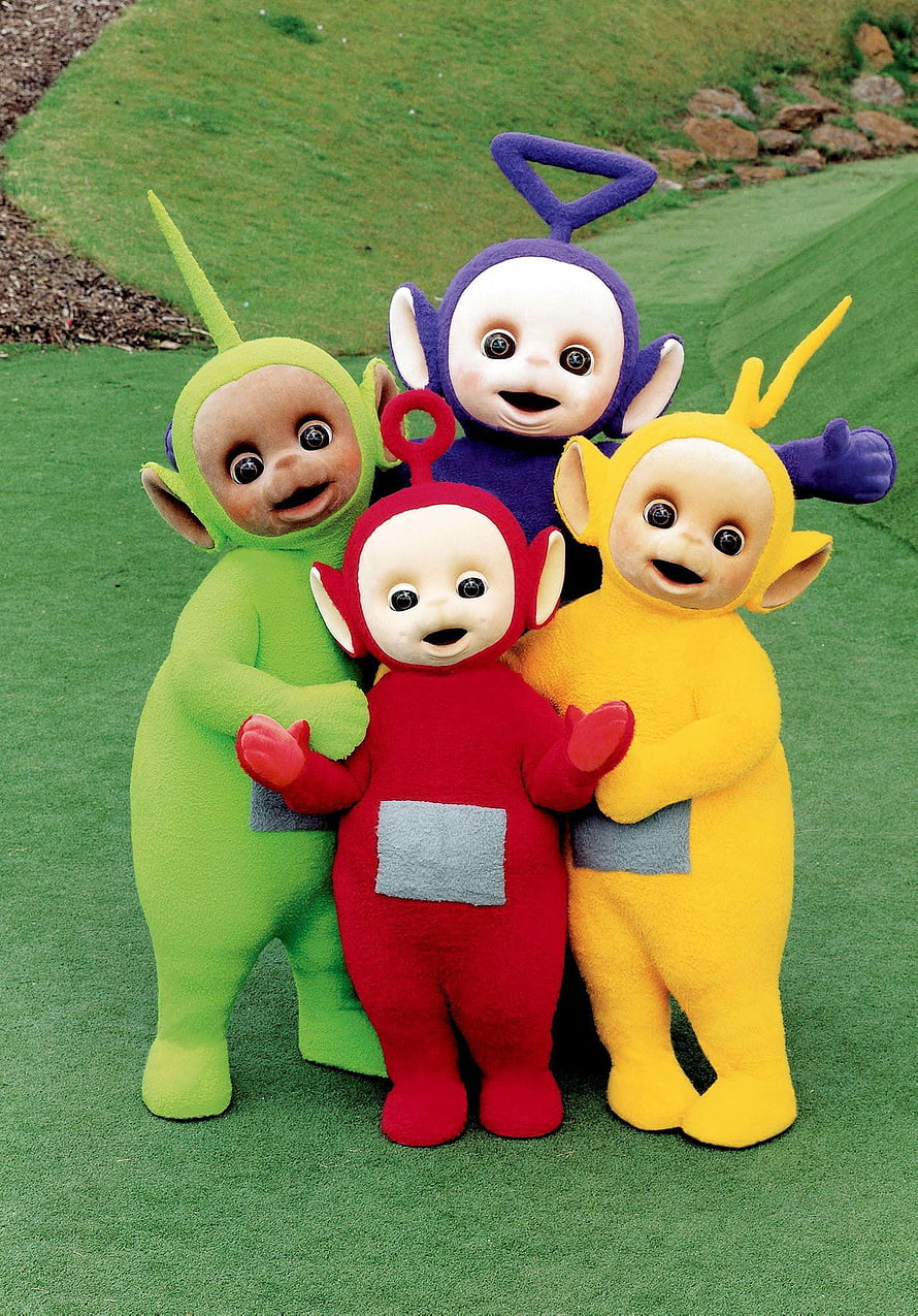 Teletubbies Group Photo on Green Grass with Colorful Characters HD phone wallpaper