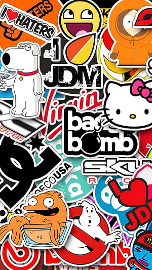 Colorful Sticker Bomb Collage Featuring Pop Culture Icons and Brand Logos HD phone wallpaper