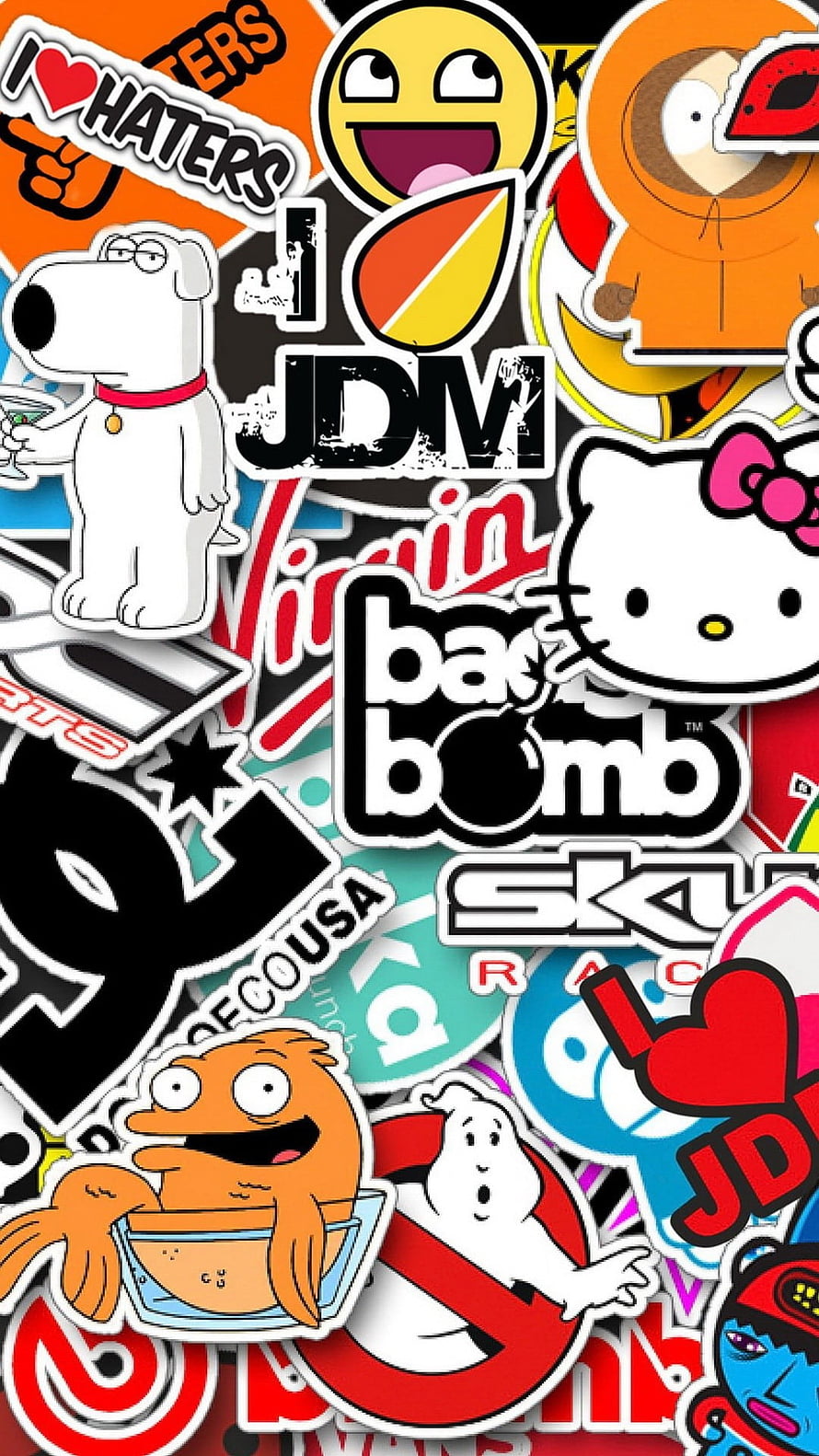 Colorful Sticker Bomb Collage Featuring Pop Culture Icons and Brand Logos HD phone wallpaper
