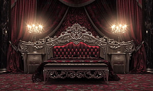 Victorian Gothic Bedroom with Ornate Silver Bed and Deep Red Velvet Drapes HD wallpaper