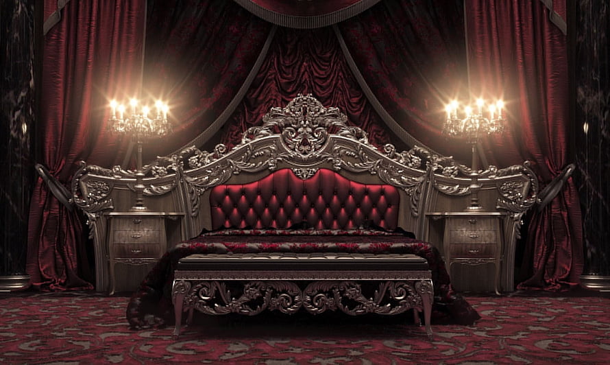Victorian Gothic Bedroom with Ornate Silver Bed and Deep Red Velvet Drapes HD wallpaper
