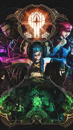 Arcane Animated Series Poster Featuring Jinx, Vi, and Silco in a Dark Industrial Setting HD phone wallpaper