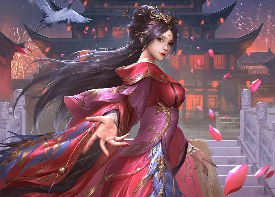Elegant Fantasy Princess in Red Hanfu with Flowing Hair and Gold Crown HD wallpaper