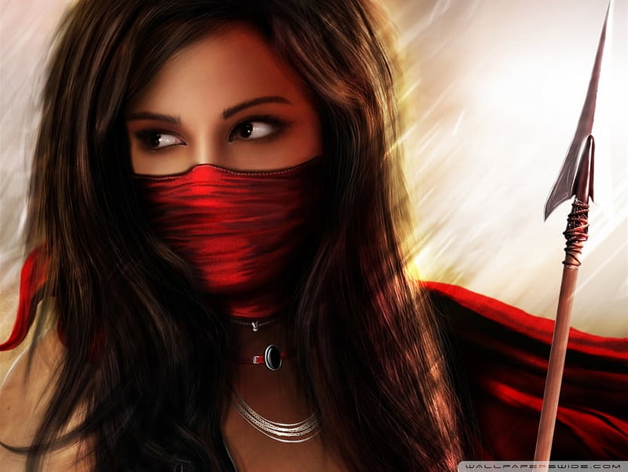 Mysterious Woman in Red Mask Holding a Spear with Dramatic Lighting HD wallpaper